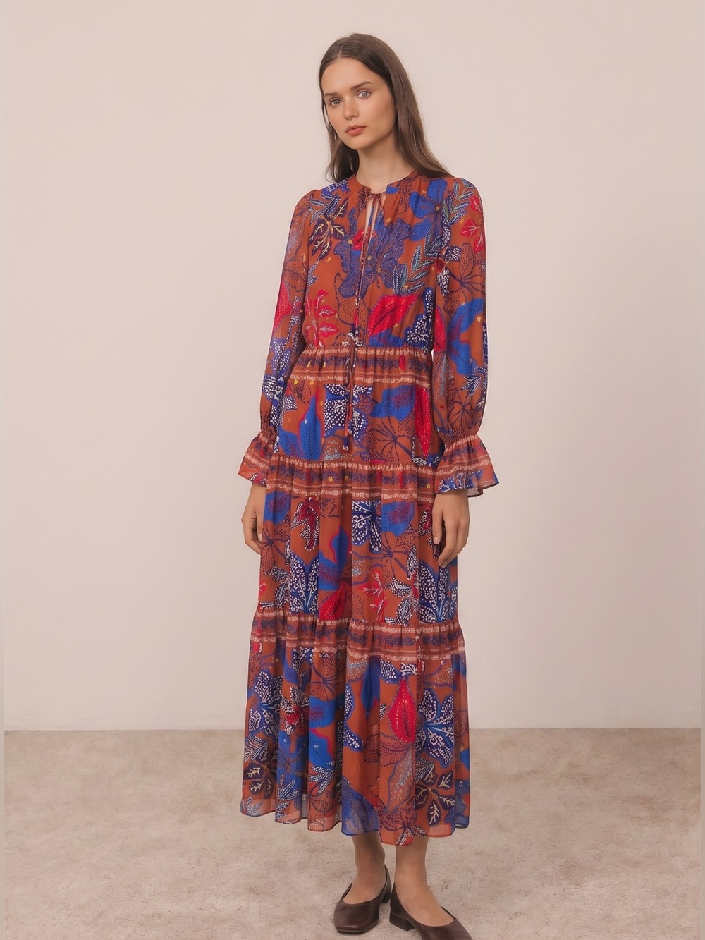 House of Harlow 1960 Boho Floral Tiered Maxi Dress M Fall